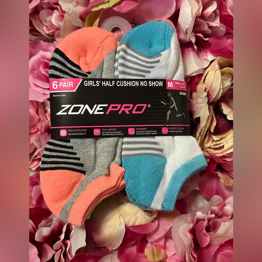 Zone Pro Kids' No Show Socks - Coral, Aqua, Gray Set (2 pk of 6)